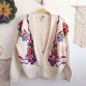 Cervelle Vintage Floral Embroidered Cardigan Sweater Size Large Grandma Core